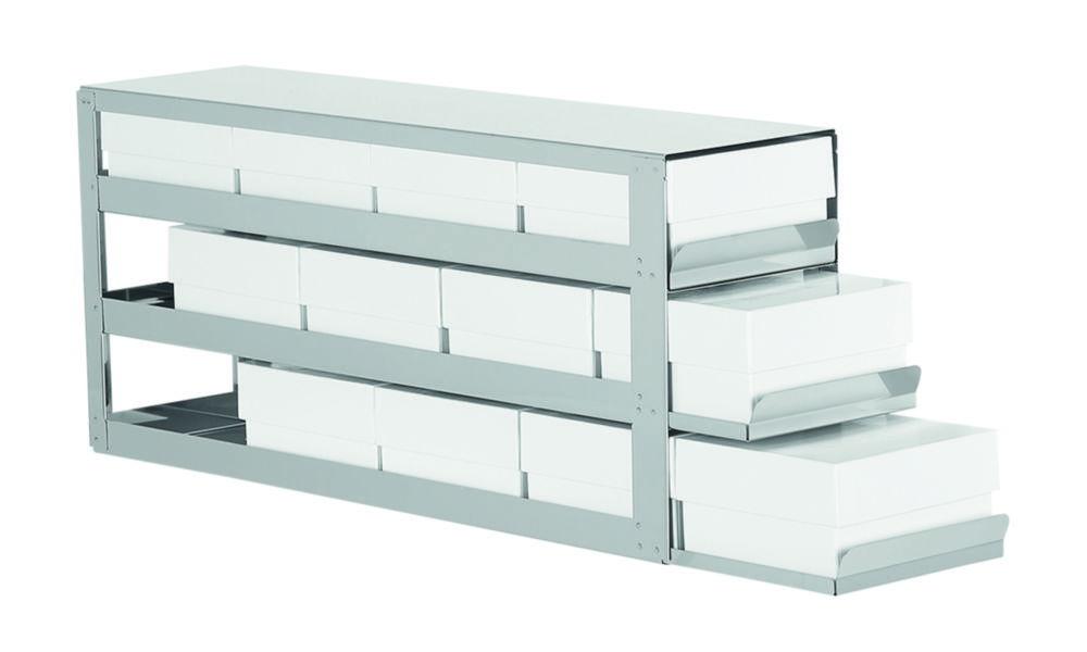 Sliding shelf rack for upright freezer for (hxd) 3x4 = 12 boxes 75mm high, delivered including standard white cardboard boxes and 9x9 cell