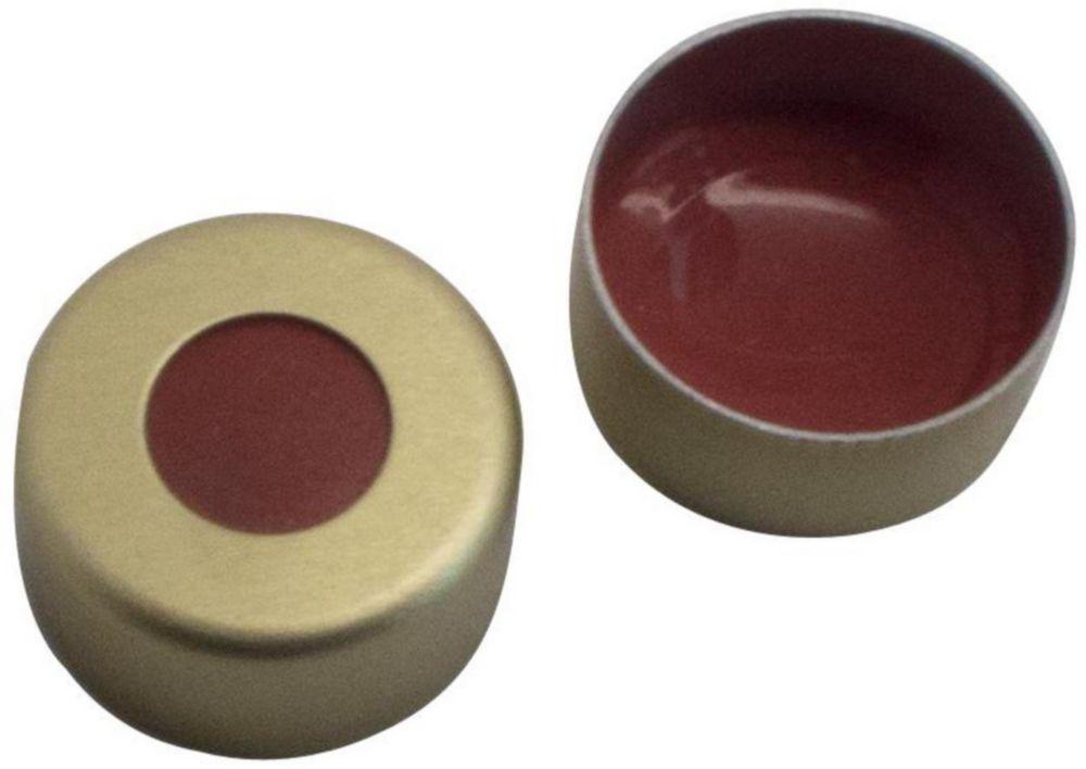 LLG Labware Aluminium Crimp Cap N 11, Gold, Center Hole, Butyl Red-Orange/PTFE Colourless, Hardness 45° Shore A, Thickness 1.0 mm, Pack of 100