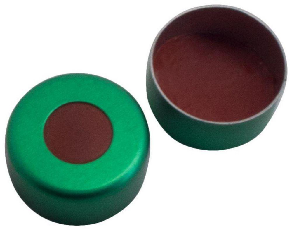 LLG Labware Aluminium Crimp Caps N 11 TB/oA Green with Centre Hole, 5.6 mm Diameter, 0.9 mm Thickness, Butyl Rubber/PTFE
