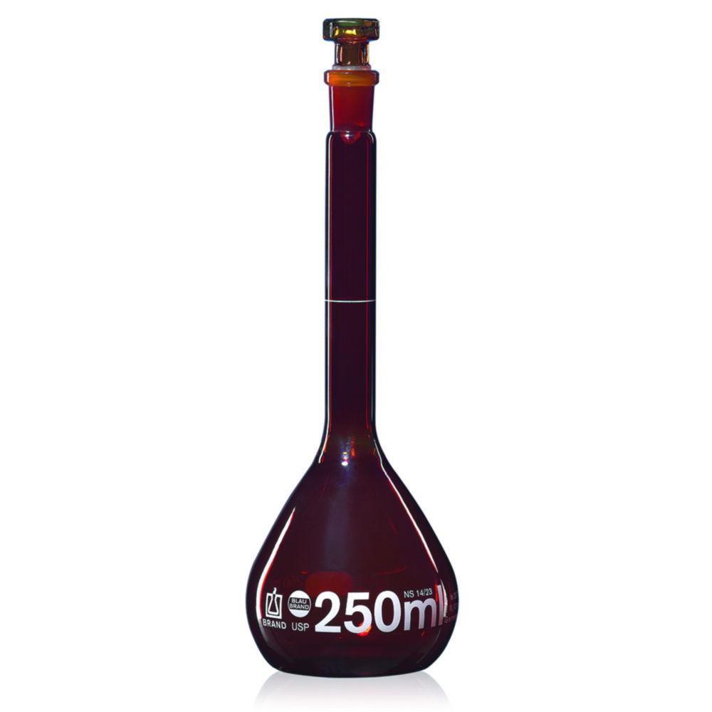 BRAND Volumetric Flask, USP, BLAUBRAND, Class A, DE-M, Amber, 50 ml, NS 12/21, Boro 3.3, with Glass Stopper, USP Individual Certificate

