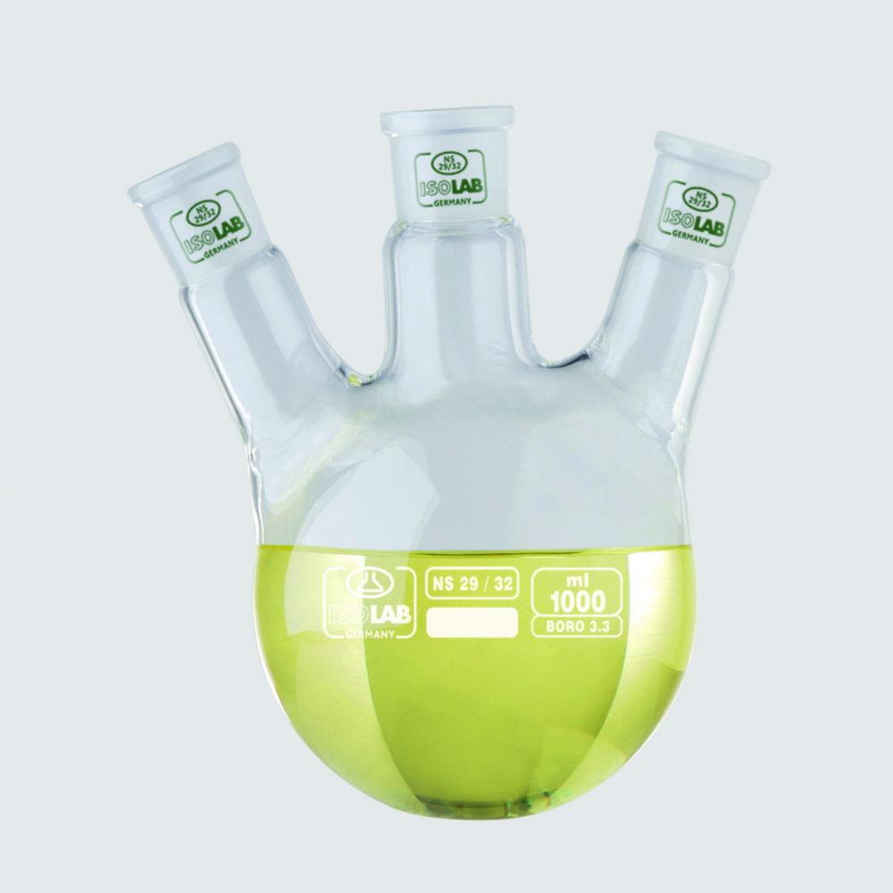 ISOLAB Ground Neck Flask with 3 Joints 2000 mL Center Arm NS 29/32, 2x Side Arm NS 29/32 Angled Borosilicate Glass 3.3