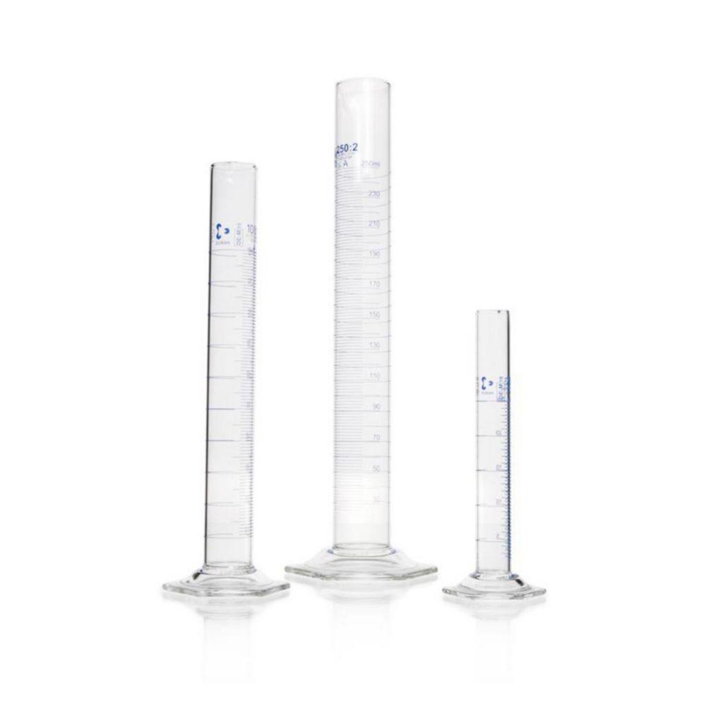 DWK Duran Measuring Cylinder 5 ml, Class A, Batch Certificate, Blue Graduation, Main Points Ring Graduation, Hexagonal Base