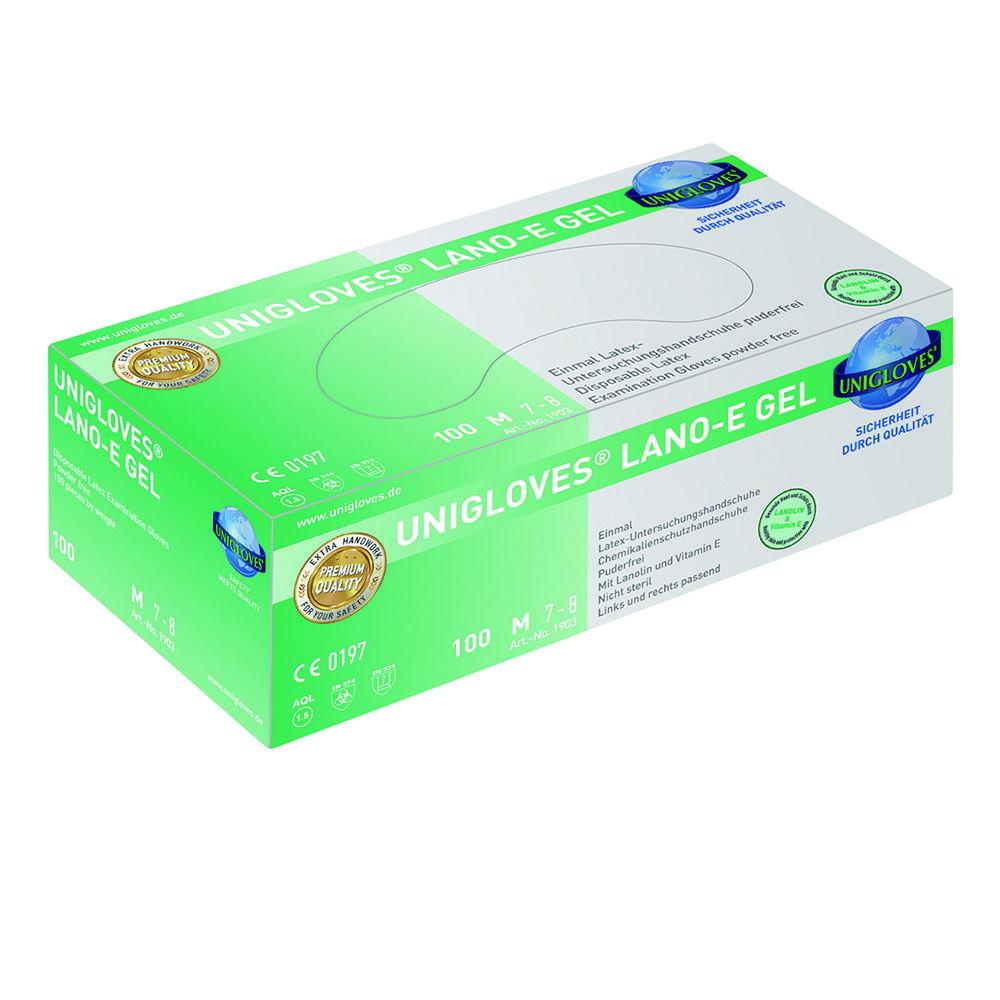 Unigloves Latex Gloves, Size S 6-7, Lano E-Gel, Powder Free, Pack of 100

