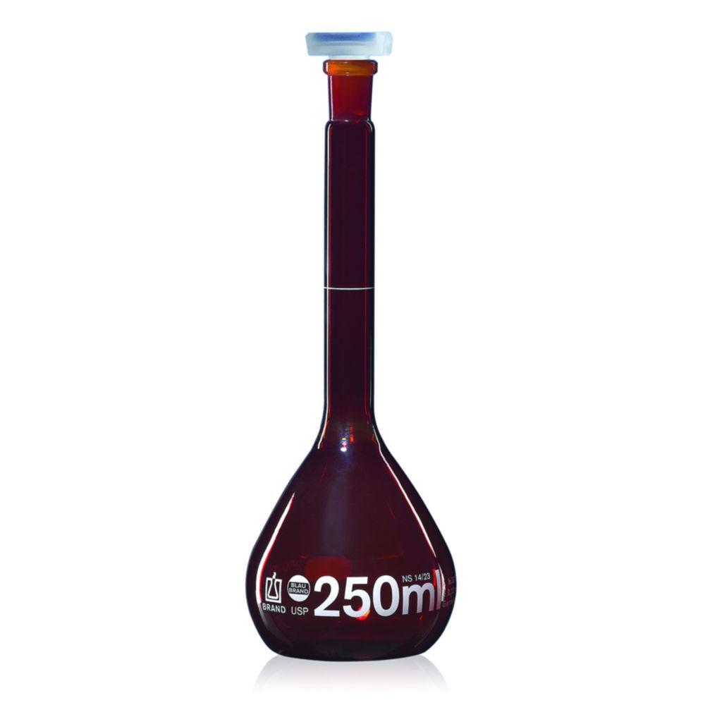 Volumetric flask, 250 ml, NS 14/23 BLAUBRAND, Class A, USP, CoC, Borosilicate 3.3, amber, PP stopper, pack of 2