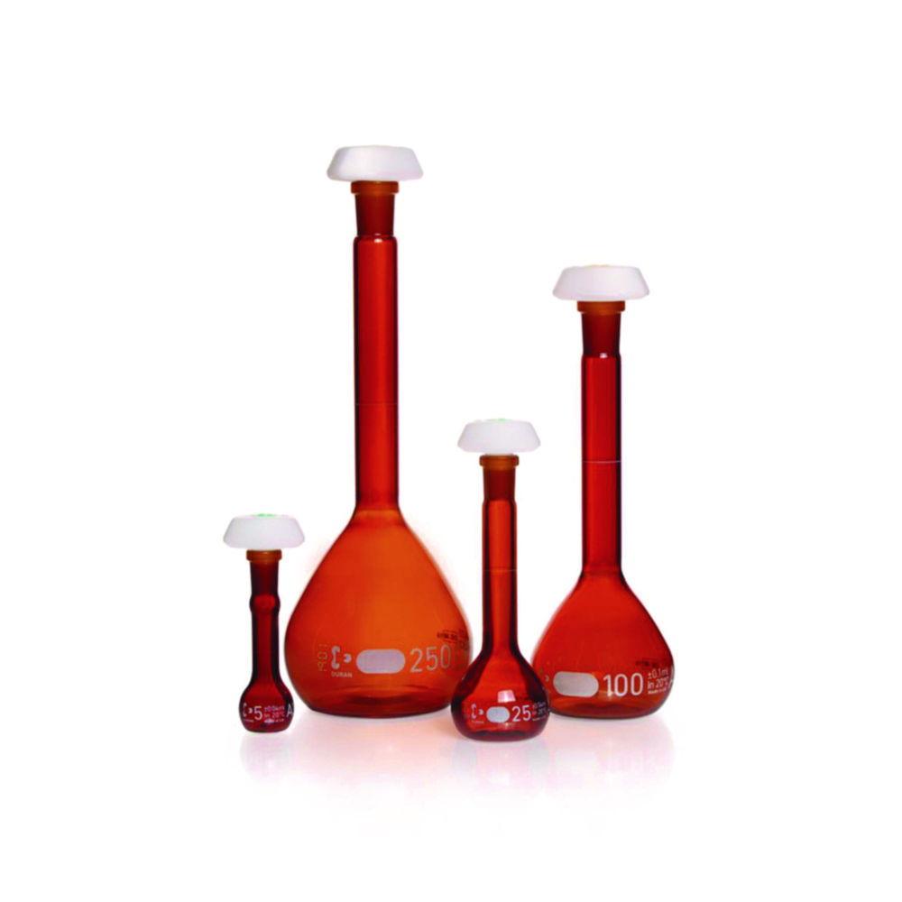 DWK Duran 5 mL Amber Volumetric Flask, Class AW, White Graduation, Batch Certificate, Polyethylene Stopper NS 10/19​