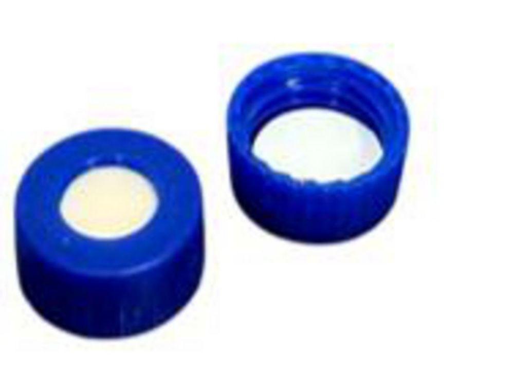 LLG Screw Caps N 9, Bonded Blue PP, Center Hole, Silicone Beige/PTFE White, Hardness 45° Shore A, Thickness 1.3 mm, Pack of 100