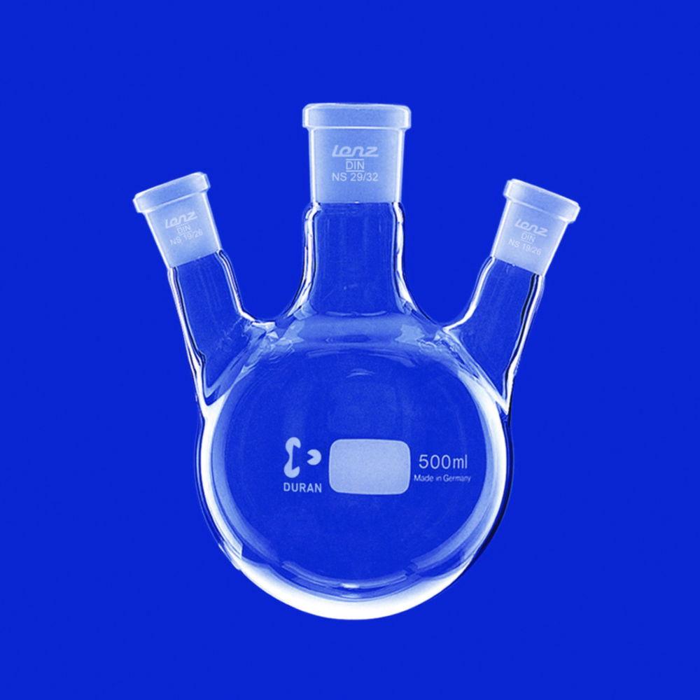 Lenz-Laborglas Round Bottom Flask 500 mL Three Neck - Side Necks Angled, Center Neck NS 29/32