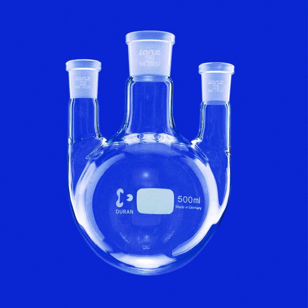 Lenz-Laborglas Round-bottom Flasks, Three-neck, Side Necks Parallel, C. Neck NS 29/32 Side Neck NS 14/23

