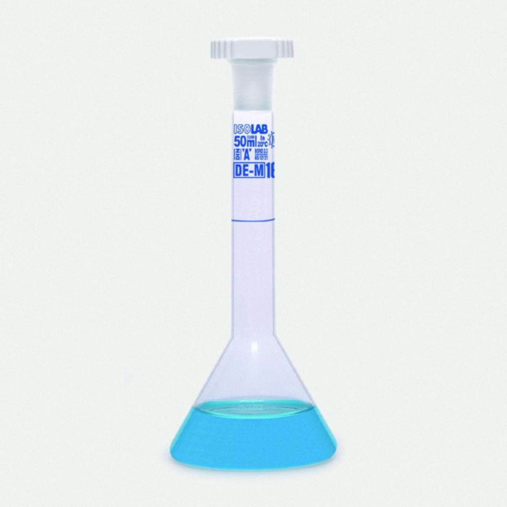 ISOLAB Volumetric Flask 3 mL Clear Trapezoidal Glass Class A NS 07/16 PE Stopper Blue Scale Batch Identification, Pack of 2