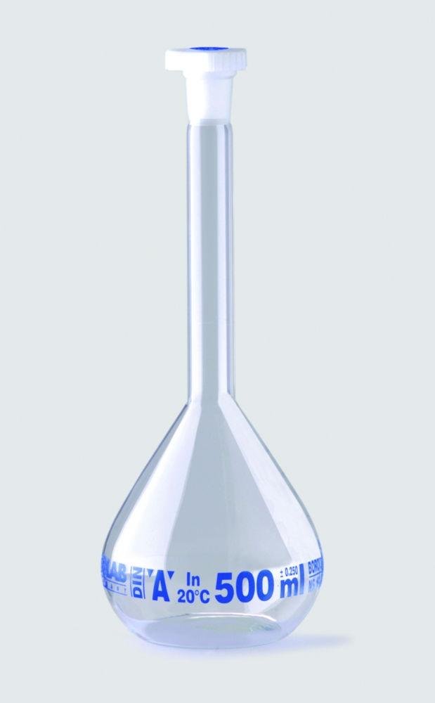 ISOLAB Volumetric Flask 1000 mL, Clear Glass, CL A, NS 24/29, PE Stopper, Blue Scale, Batch Certified
