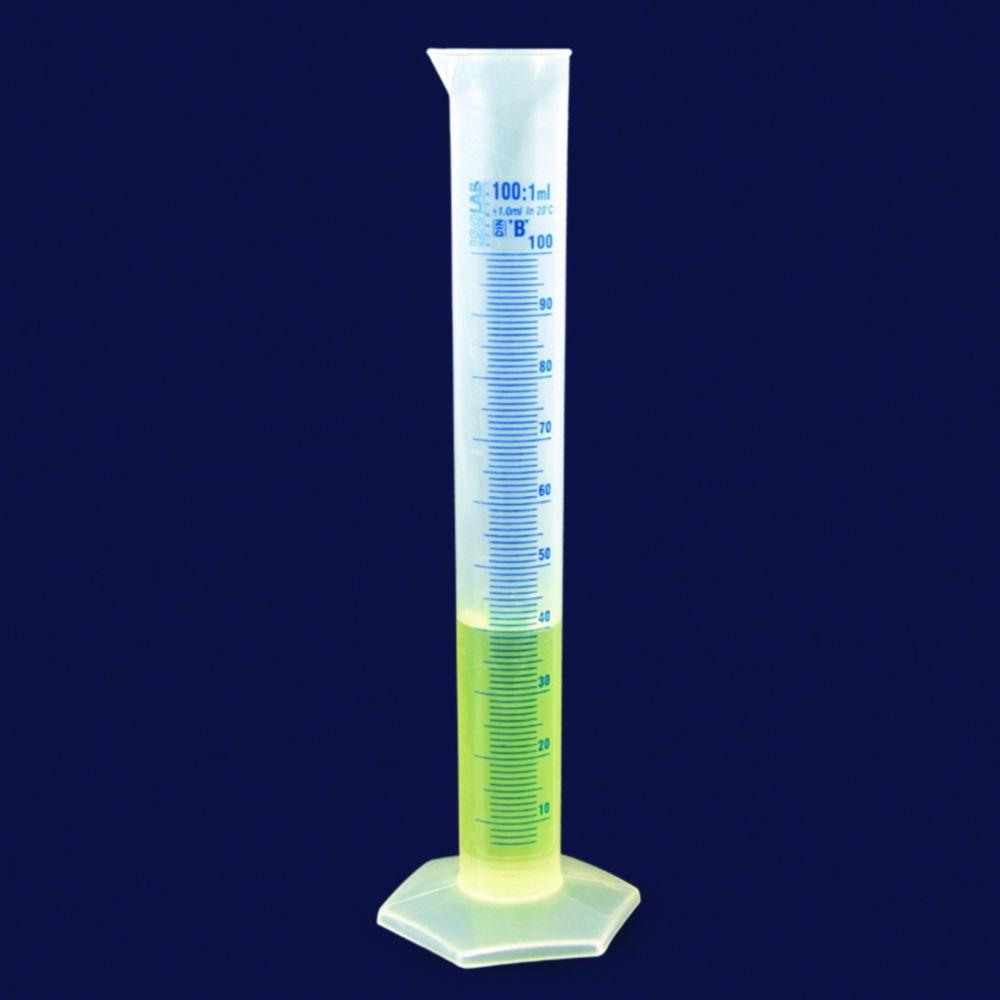 ISOLAB Measuring Cylinder, 50 mL, Tall Form, PP, CLB, Blue Scale