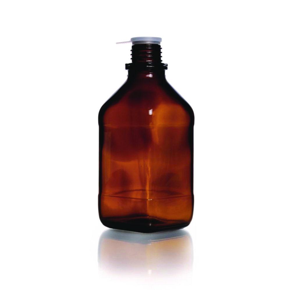 DWK Duran Square Screw Cap Bottle, Narrow Neck, Soda Lime Glass, Amber with Dust Proof Cap, 500 mL