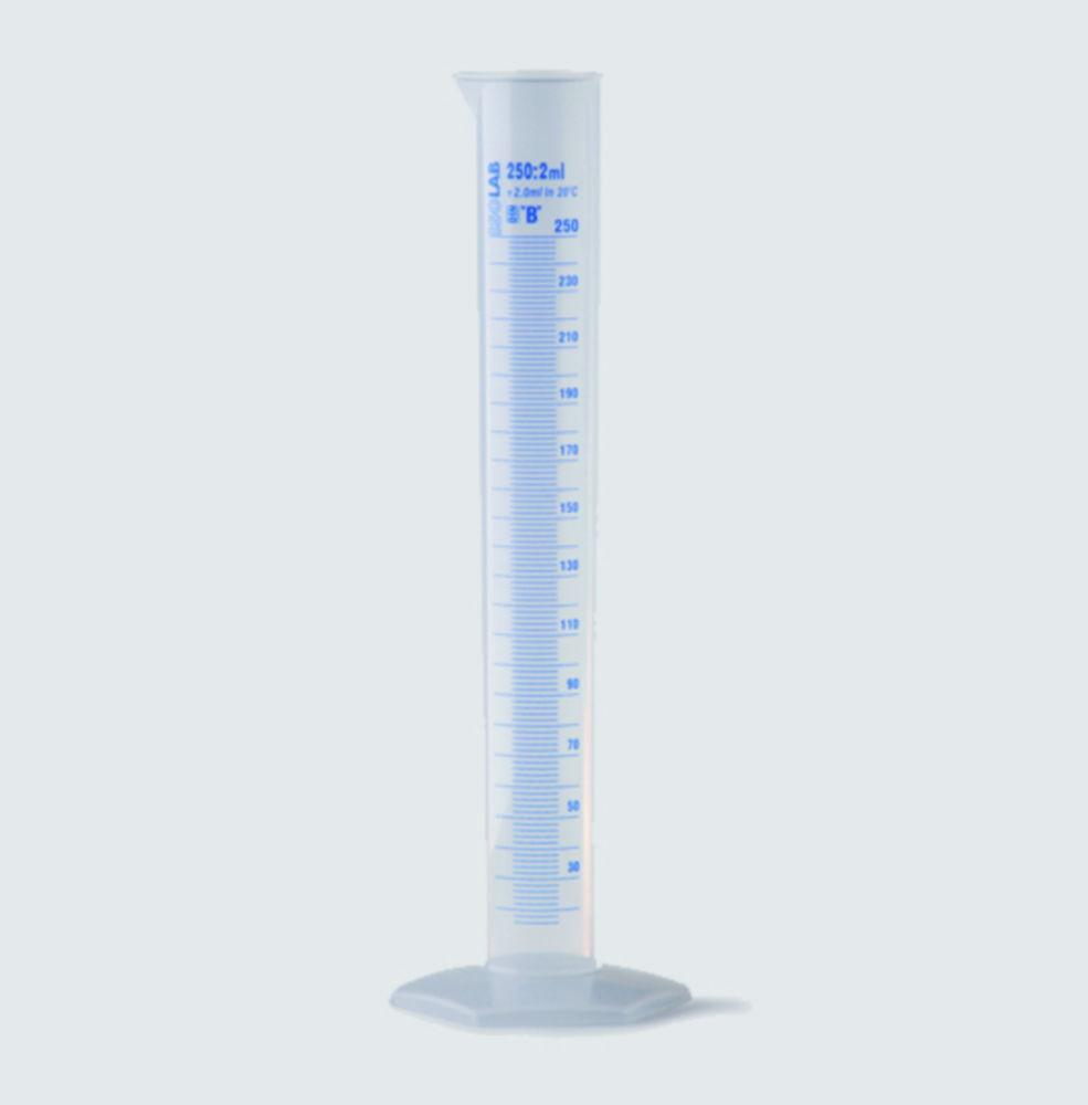 ISOLAB Measuring Cylinder, 250 mL, Tall Form, PP, CLB, Blue Scale