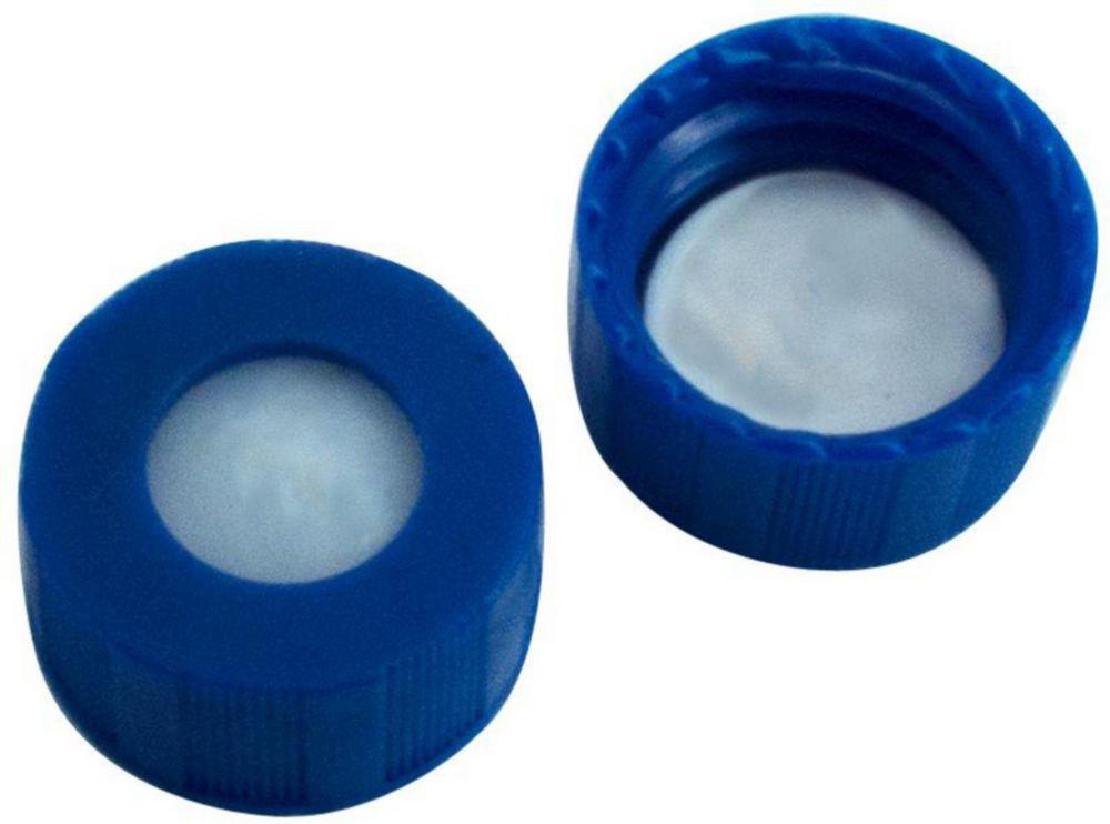 LLG Screw Caps N 9, Blue Polypropylene, Center Hole, PTFE Virginal White Septum, 53° Shore D Hardness, 0.25 mm Thickness, Pack of 100