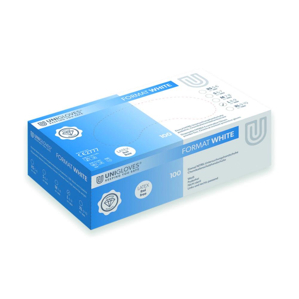 Unigloves Nitrile Gloves Size L 8-9 "FORMAT", White, Non-Sterile, Powder-Free, Beaded Cuff, Pack of 100