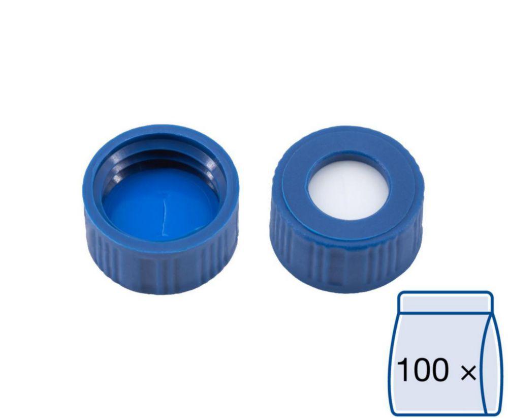Macherey-Nagel Screw Caps N-9 with Light Blue Sealing Discs: Silicone Rubber White/PTFE Blue, Slitted, Pack of 100

