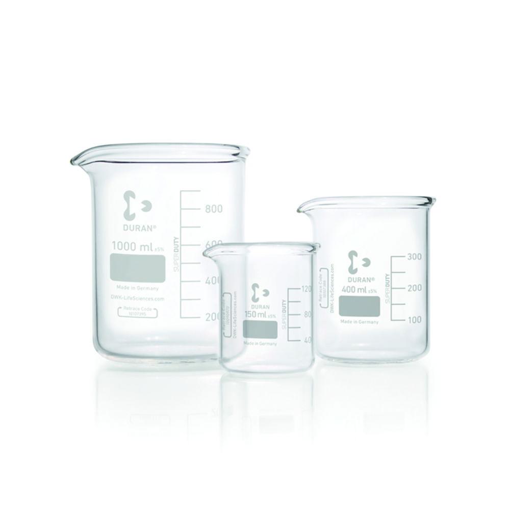 DWK Duran Super Duty Beaker, 600 mL, 90 x 125 mm, Low Form with Division and Drain