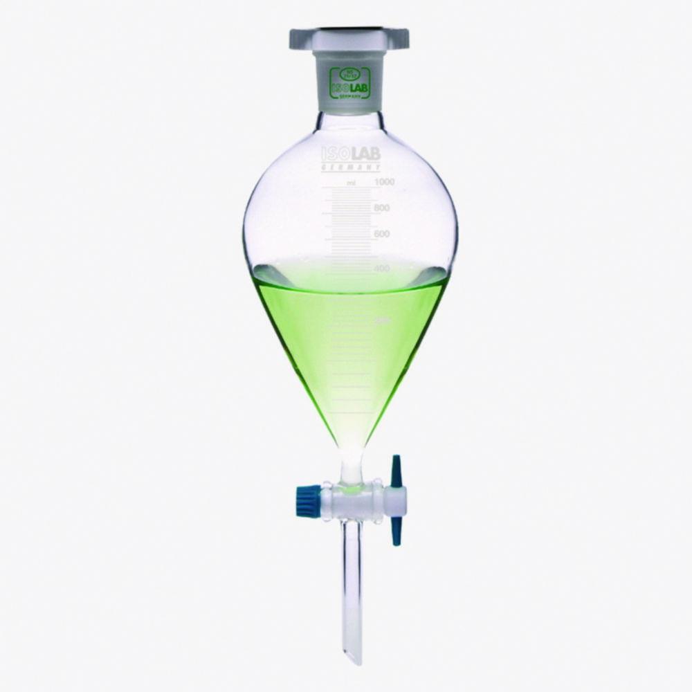 ISOLAB Separating Funnel, 500 mL, Conical, PTFE Plug, Graduated, Boro 3.3, DIN 12451