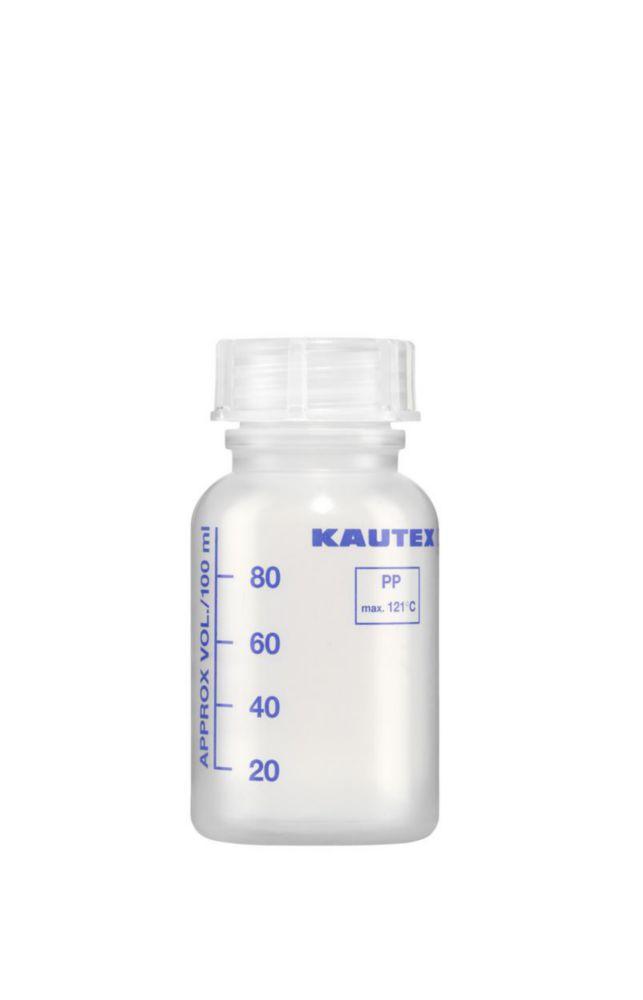 Kautex Textron Wide Neck Autoclavable PP Bottle with Screw Cap 100 mL Graduated
