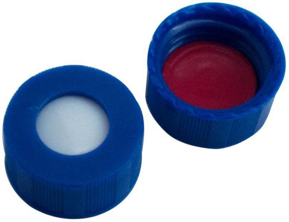 LLG Short Thread Caps 9 mm, Blue Polypropylene, with Hole, Silicone White/PTFE Red Septum, Pack of 100