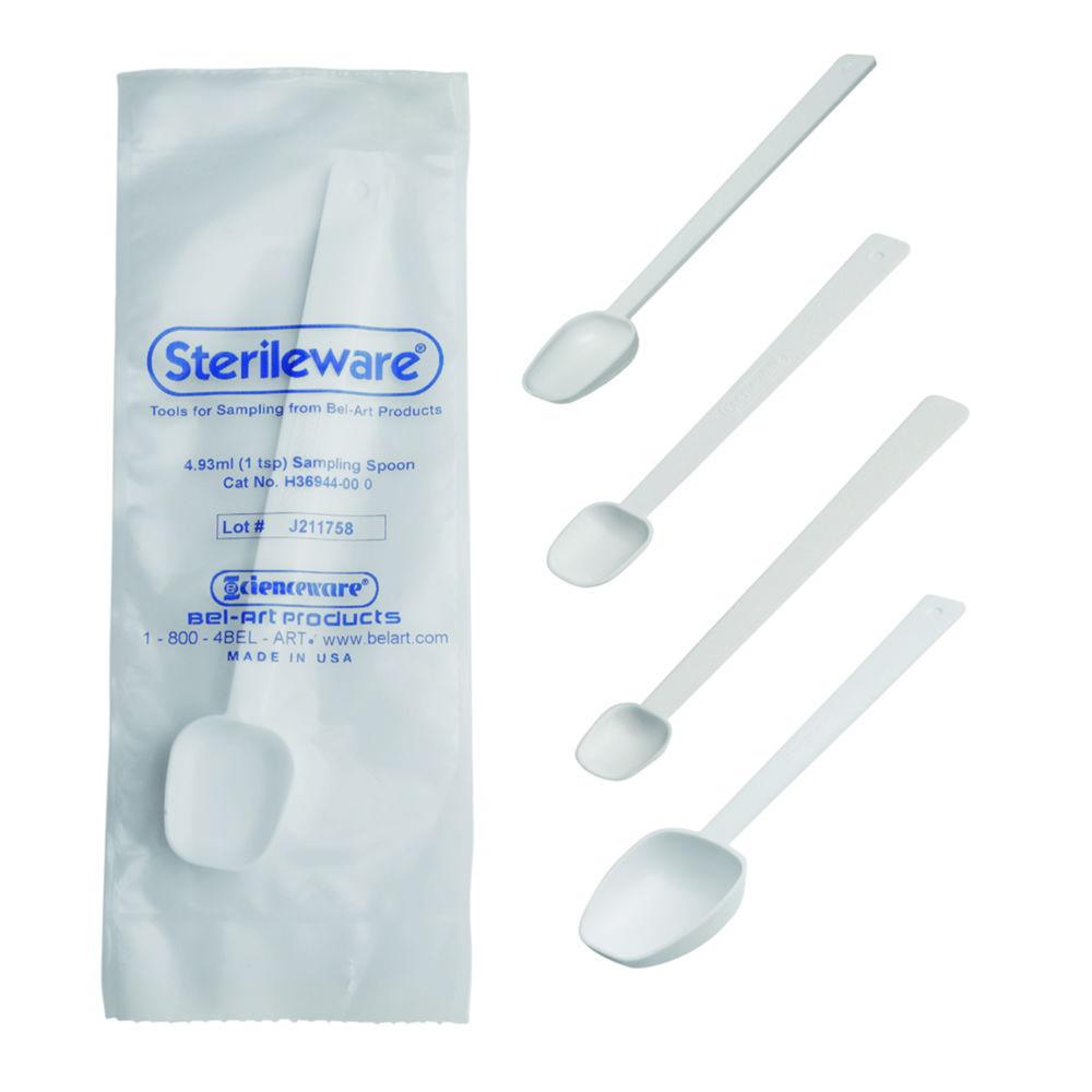 Bel-Art Sampling Spoon, Sterile, White, Cap, Approx. 1.25 ml, Double Bagged, Long Handle, Pack of 10