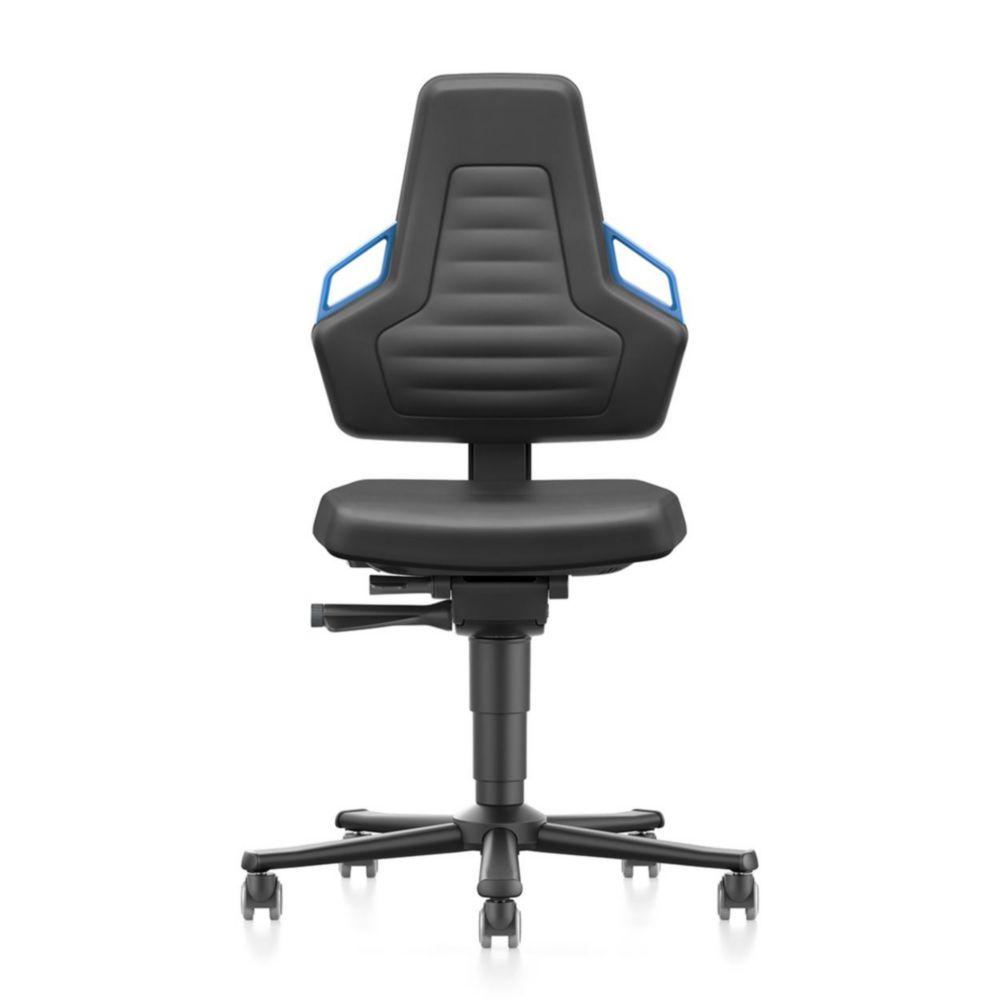 Working chair Nexxit 3 with stop&go castors foot ring, Skintec black, handles blue, seat height 600-850mm  #9031-4000-3277-807