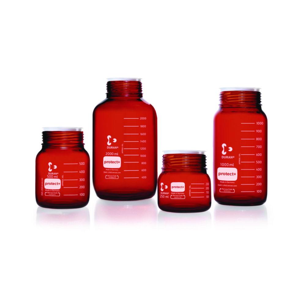 DWK Duran GLS 80 Laboratory Glass Bottle, Amber, Protect+ Plastic-Coated (PA12), with Dust Cap, 1000 mL

